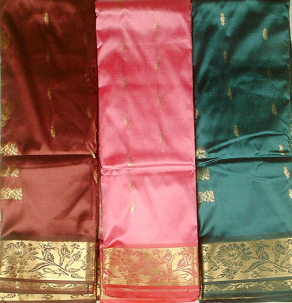 Lot of Three Saris from Bangalore with Floral Brocaded Border