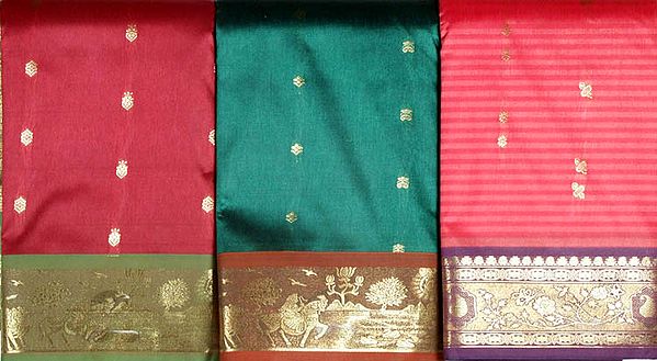 Lot of Three Saris from Bangalore with Golden Thread Weave on Border and Bootis All Over