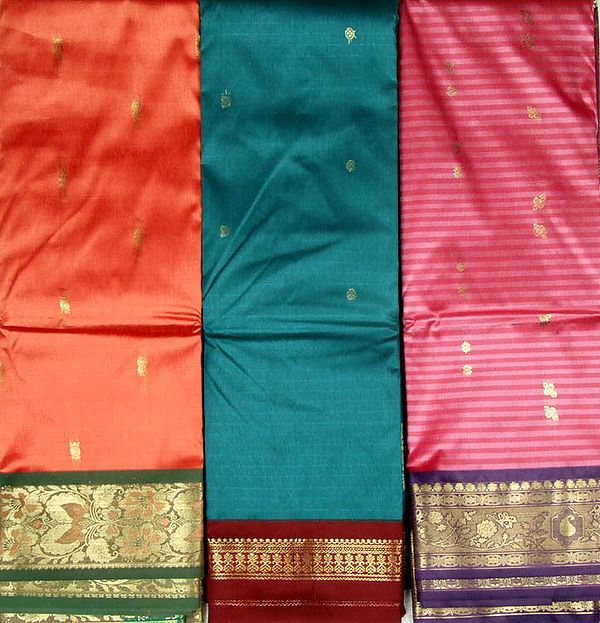 Lot of Three Saris from Bangalore with Golden Thread Weave on Border and Bootis All Over