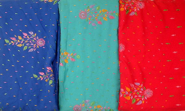 Lot of Three Saris with Floral Embroidery
