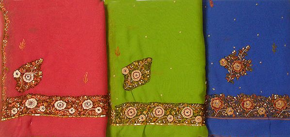 Lot of Three Saris with Thread Work and Beads