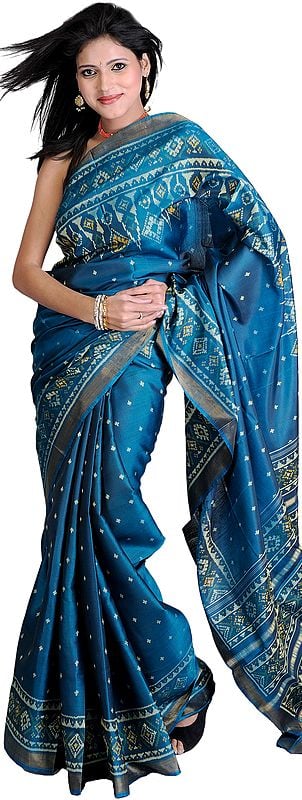 Lyons-Blue Gujarati Patan Patola Sari with Ikat Weave