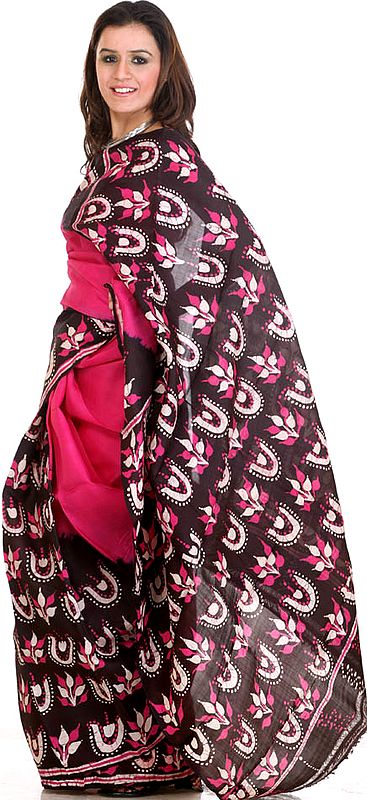 Magenta and Black Batik Sari from Kolkata