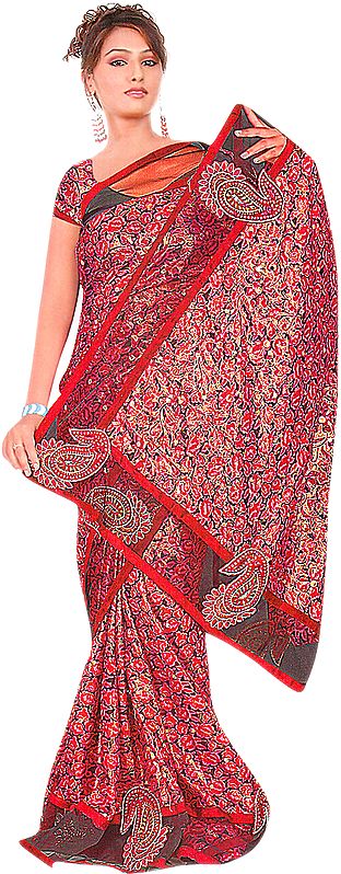 Magenta and Black Printed Shimmering Sari with Embroidered Paisleys