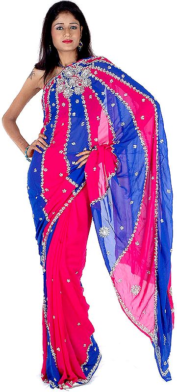 Magenta and Blue Mumtaz Sari with All-Over Sequins