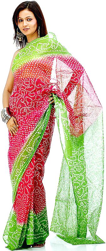 Magenta and Green Gujarati Bandhani Sari