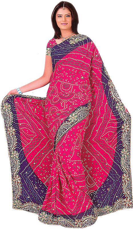 Magenta and Navy-Blue Bandhani Printed Sari From Gujrat with Embroidered Flowers and Sequins