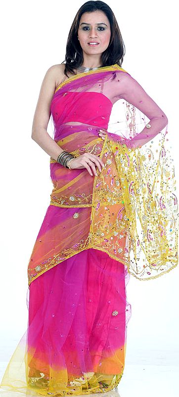 Magenta and Yellow  See-Through Sari with Beads and Sequins