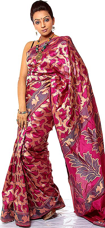 Magenta Jamawar Sari from Banaras with All-Over Stylized Paisleys Woven by Hand
