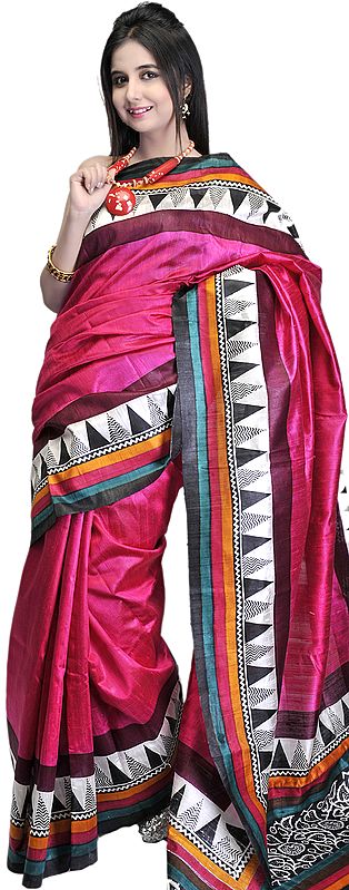 Magenta Raw-Silk Sari with Printed Anchal and Border