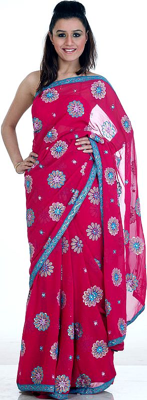 Magenta Sari with All-Over Large Painted and Sequined Flowers