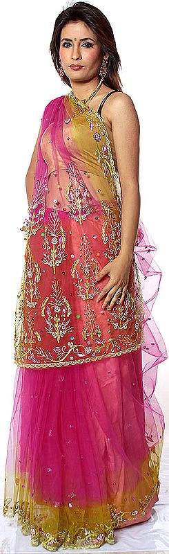 Magenta See-Through Sari with Beads and Sequins