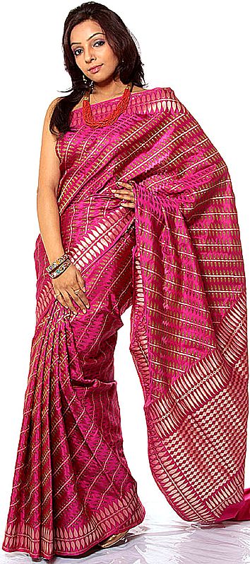 Magenta Wedding Sari from Banaras with All-Over Weave by Hand