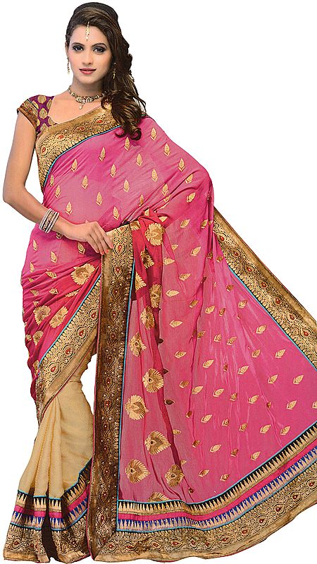 Magenta-Haze Sari with Patch Border and Embroidered Bootis