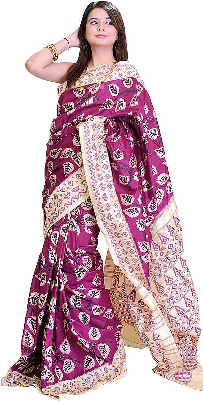 Magenta-Purple Ikat Sari from Pochampally with Hand-Woven Leaves