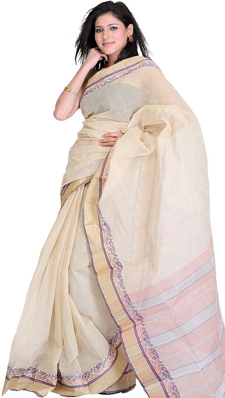 Maple-Sugar Hand-woven Dhakai Sari with Woven Stripes