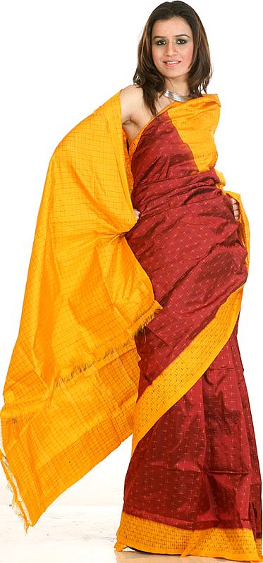 Maroon and Amber Ikat Sari from Pochampally