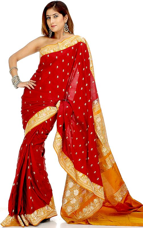 Maroon and Amber Valkalam Sari with Brocaded Border and All Over Bootis