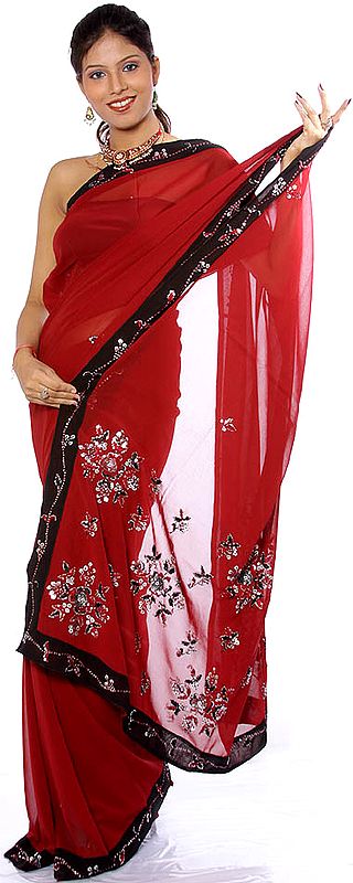 Maroon and Black Sari with Sequins and Threadwork
