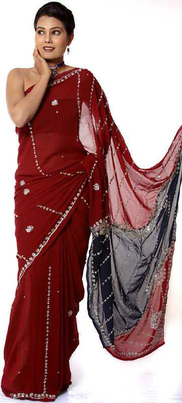 Maroon and Blue Mumtaz Sari with Sequins and Beads