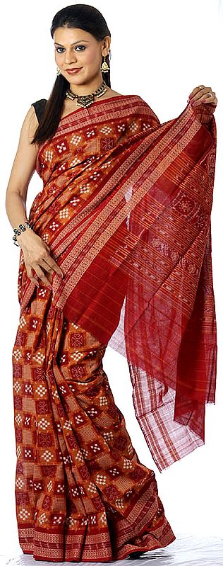 Maroon and Brown Hand-Woven Sambhalpuri Sari from Orissa