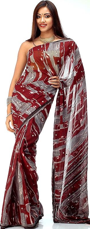 Maroon and Gray Discharge Dyed Sari with Sequins