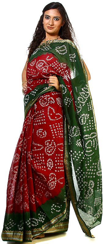 Maroon and Green Bandhani Tie-Dye Sari with Golden Weave on Border