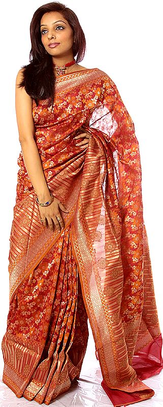 Maroon and Orange Sari from Banaras with Hand-woven Flowers All-Over