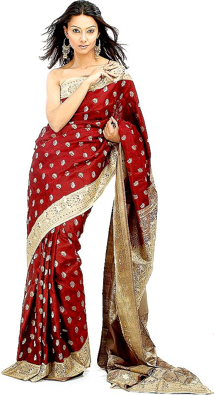 Maroon Banarasi Sari with All-Over Floral Weave and Dense Pallu