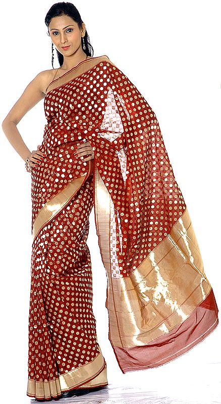 Maroon Banarasi Sari with All-Over Golden Bootis and Pallu