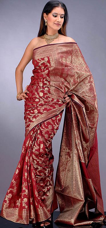 Maroon Banarasi Sari with Dense Floral Weave