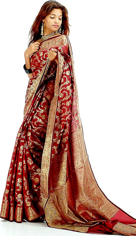 Maroon Banarasi Sari with Dense Floral Weave