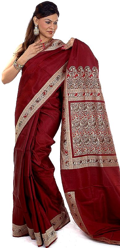 Maroon Banarasi Valkalam Sari with Multi-Color Brocade Weave