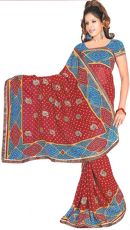 Maroon Bandhani Printed Sari with Metallic Thread Embroidered Paisleys