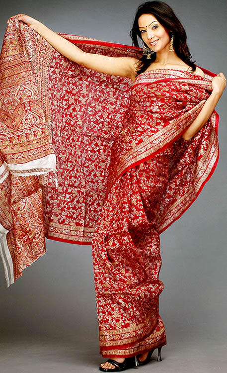 Maroon Block-Printed Silk Sari from Bengal