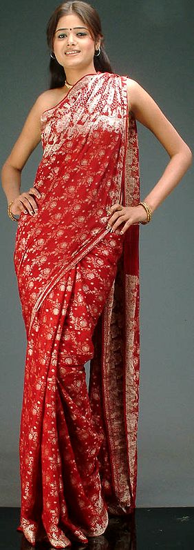 Maroon Bridal Sari with Floral Weave