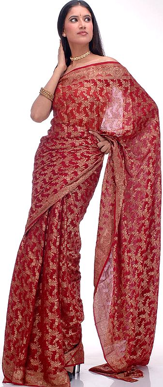 Maroon Bridal Sari with Golden Thread Weave