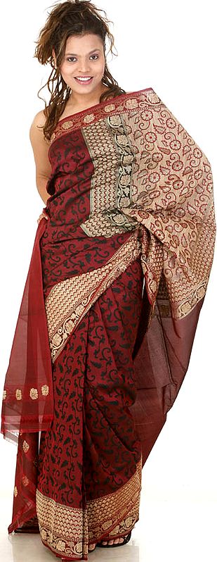 Maroon Designer Sari from Banaras with All-Over Jute and Zari Weave