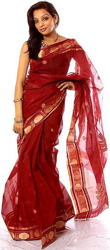 Maroon Dhakai Sari from Bengal with Vegetative Weave