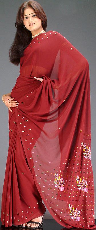 Maroon Georgette Sari with Hand-Embroidery