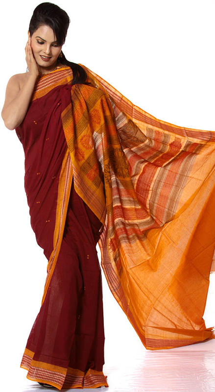 Maroon Hand-woven Bomkai Sari from Orissa