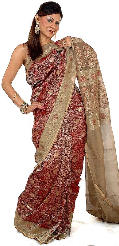 Maroon Hand-Woven Jamdani Tanchoi Sari with All-Over Floral Weave
