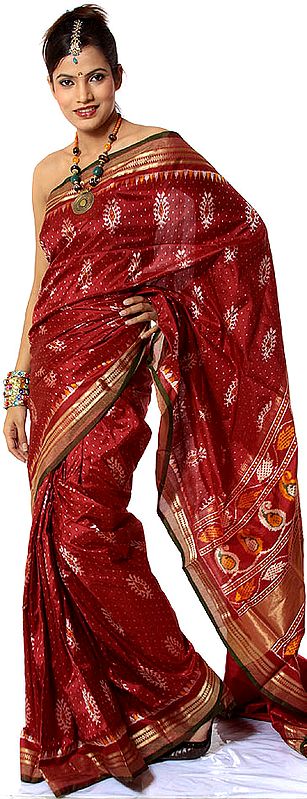 Maroon Ikat Sari from Pochampally with Tissue Pallu