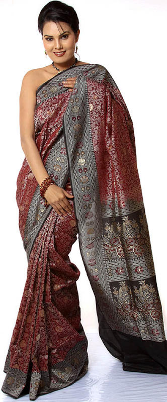 Maroon Jamdani Brocaded Sari from Banaras with Jaal Weave in Silver Thread