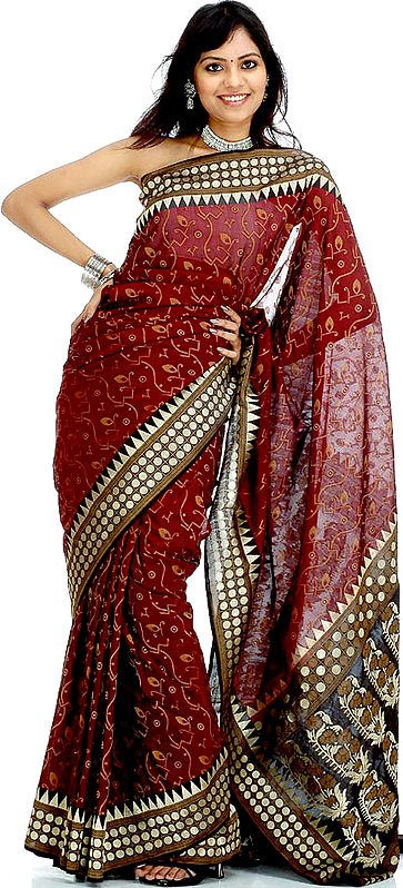 Maroon Jamdani Sari from Banaras with All Over Weave