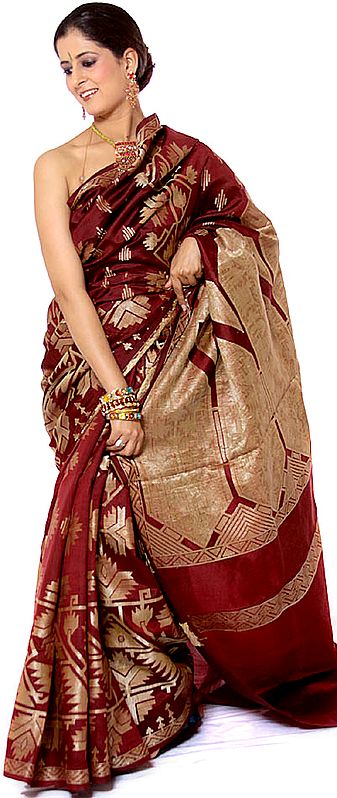Maroon Jamdani Sari from Banaras with Modern Weave