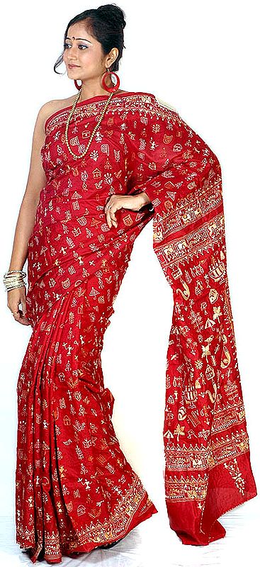 Maroon Kantha Sari with All-Over Embroidery by Hand