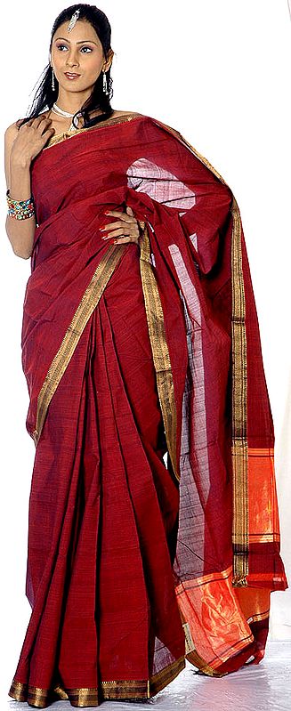 Maroon Mangalgiri Sari with Golden Thread Weave