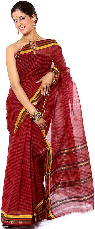 Maroon Narayanpet Sari with Checks