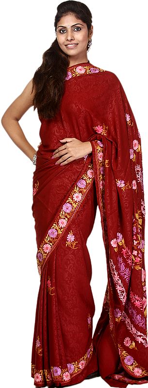 Maroon Sari from Kashmir with Aari Embroidered Flowers and Self Weave